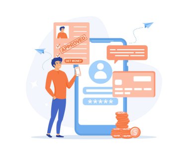 Çevrimiçi bankacılık hizmeti, hızlı ve kolay kredi almak, akıllı telefon uygulaması yoluyla kredi almak, düz vektör modern illüstrasyon