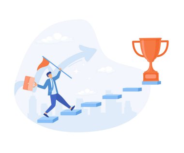 Başarı ilhamı, iş adamının büyük altın kupa ile basamakları tırmanması. düz vektör modern illüstrasyon