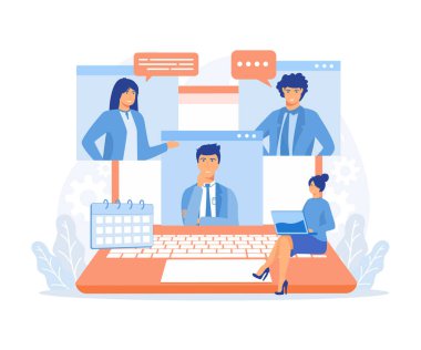 Çevrimiçi Tartışma ve Video Konferans Konsepti. Ev 'de Uzaktan Çalışan ve İş Arkadaşlarıyla Video Toplantısı için Laptop kullanan İnsan Karakteri, düz vektör modern illüstrasyon
