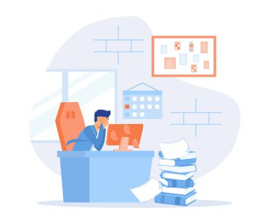 Ofis teslim tarihi konsepti, çok çalışan iş adamı masasında bir yığın belgeyle oturuyor. düz vektör modern illüstrasyon