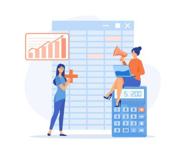 Muhasebeciler tarafından şirket muhasebe raporu, hesap defterleri, formülü ve hesap makineleri için yazılım. Yazılım ile bilançoyu kolaylaştırır. düz vektör modern illüstrasyon