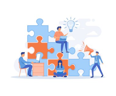 Ortak takım çalışması kavramı, iş kurmak, bulmaca parçaları birleştiren insanlar, düz vektör modern illüstrasyon.