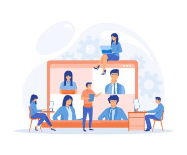 Çevrimiçi iş konferansı, online ortak toplantı, takım düşüncesi ve beyin fırtınası. düz vektör modern illüstrasyon