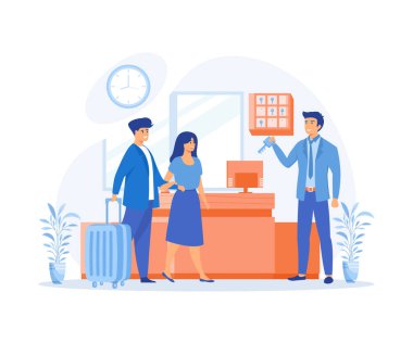 Otel resepsiyonisti konsepti, çift plakalı otel sahnesi. Resepsiyondaki bavullu kadın ve erkek, resepsiyonist anahtar, düz vektör modern illüstrasyon.