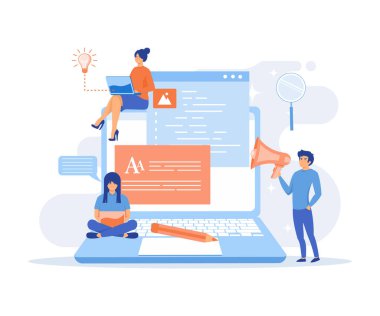 Blog oluşturma konsepti, blog yazma, blog yazma. Yaratıcı yazarlık. İçerik yönetimi. düz vektör modern illüstrasyon