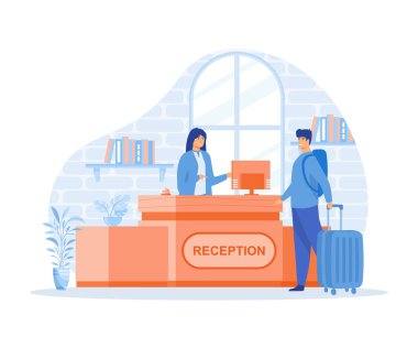 Otel resepsiyonisti konsepti, resepsiyonda duran ve kadın resepsiyonistle konuşan erkek müşteri. Hizmet merkezine ziyaret sahnesi, düz vektör modern illüstrasyon