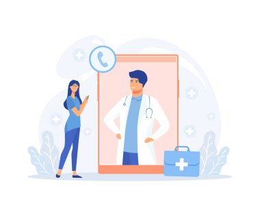 Elektronik sağlık kayıtları ve çevrimiçi tıbbi hizmetler, tıbbi uzmanlarla online istişarelerde bulunan hastalar, yassı vektör modern illüstrasyon