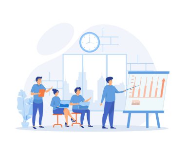 Liderlik danışmanlığı konsepti. İş koçu seyircilerin önünde konuşuyor. Seminer hakkında çizelge ve raporlar sunan danışman, düz vektör modern illüstrasyon