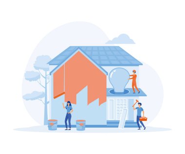 Ev yenileme işçileri. Tamirci takım bina, boyama, elektrik, bitirme işleri, düz vektör modern illüstrasyon.