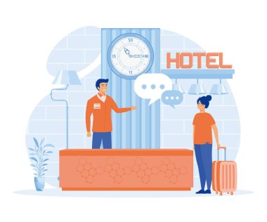 İş konsepti için otel hizmetleri. Otel konaklama, iş lobisi, otel lobisi barı, düz vektör modern illüstrasyon.