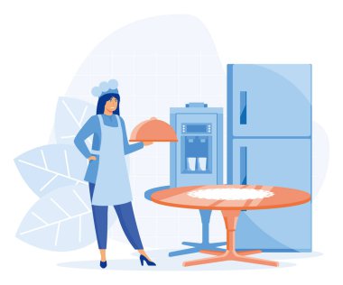 Otel işletme konsepti, deneyimli yönetici eğitim personeli, çamaşır servisi, hizmetçi ütüleme konuk gömleği, şölende servis yapan garson. düz vektör modern illüstrasyon