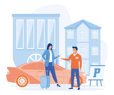 Hotel service concept. valet parking worker gets keys from clients car. flat vector modern illustration clipart