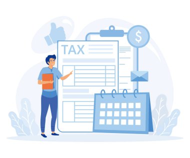 Vergi planlama konsepti. Vergi beyannamesi formunu çevrimiçi ve mali tavsiyelerle doldurmak için vergi takvimini kullanan karakterler. düz vektör modern illüstrasyon