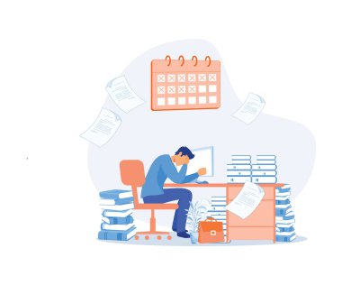 Ofiste stres var. Stresli yönetmen, evrak yığınları arasında ofis masasında oturarak çok çalışıyor. düz vektör modern illüstrasyon