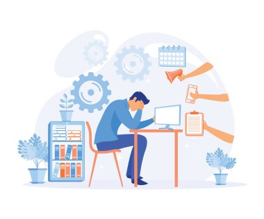 Çoklu Görev ve Zaman Yönetimi kavramı. Etrafı ofis eşyalarıyla çevrili bir iş adamı. düz vektör modern illüstrasyon