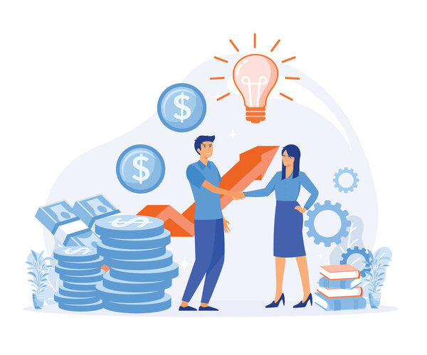 Partnership, venture investment concept. Businessmen shake hands, making financial deal with woman. flat vector modern illustration
