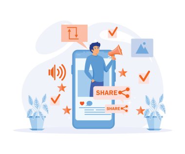 Blog tanıtım hatası. Sosyal medya paylaşım gücü. Dijital reklam. düz vektör modern illüstrasyon