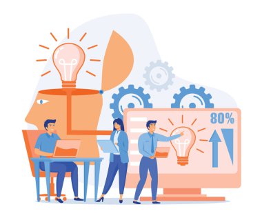 Patronla takım çalışması. Bilgi Posteri Ekibi Gerçekleştirme Fikri üzerinde çalışıyor. düz vektör modern illüstrasyon