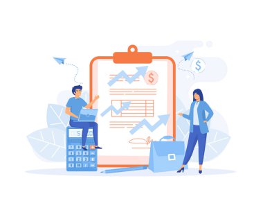 finansal yönetim kavramları, finansal belge, muhasebe, iş planı, düz vektör modern illüstrasyon ile insanlar ve pano