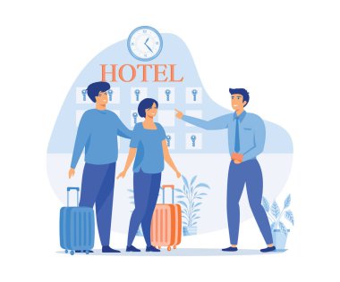 Resepsiyonist odadan anahtarı veriyor. Bir çiftin giriş yaptığı otel sahnesi. Resepsiyonda bavullu kadın ve erkek, düz vektör modern illüstrasyon.