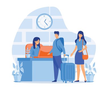 Otel resepsiyonisti, konuklar resepsiyonist, kayıt otel servisi, düz vektör modern illüstrasyon.
