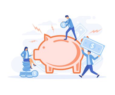 İş, zenginlik ve finansal yatırım kavramı, insanlar domuz kumbarasında para biriktiriyor, düz vektör modern illüstrasyon