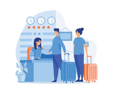 Otel resepsiyonisti, konuklar resepsiyonist, kayıt otel servisi, düz vektör modern illüstrasyon.
