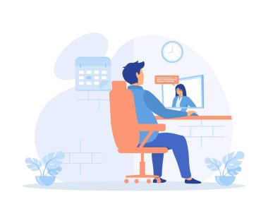 Çevrimiçi görüşme. Adam, bilgisayarında bir video görüşmesinde genç bir kadınla konuşuyor. Düz vektör modern illüstrasyon.