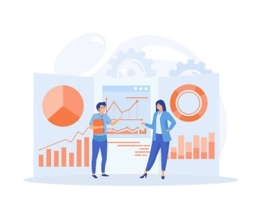 Veri analisti ve ofis çalışanları bilgi grafiğini, evrimsel ölçeğin analizini, düz vektör modern illüstrasyonunu inceliyorlar.