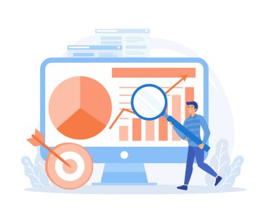 Veri analisti, veri analisti, büyüteç, düz vektör modern illüstrasyon kullanarak büyük bir ekranda veri analisti kontrol ediyor.