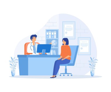 Tıbbi Danışmanlık, pratisyen doktor erkek ve genç kadın hasta hastane ofisinde, düz vektör modern illüstrasyon.