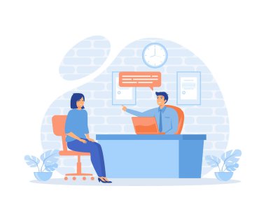 İş görüşmesi konsepti, iş adamı İK ile iş görüşmesi yapan bir kadın. düz vektör modern illüstrasyon