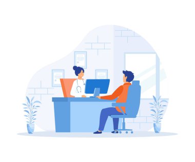 Ofiste kadın doktorla konuşan adam. Hastanedeki Doktor Terapistle Hastalık Belirtileri Konsültasyonu, yassı vektör modern illüstrasyon