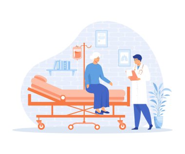 Tıbbi danışmanlık konsepti, yaşlı bir kadın bir Geriatrist doktorla tıbbi danışmanlık yapıyor, düz vektör modern illüstrasyon.