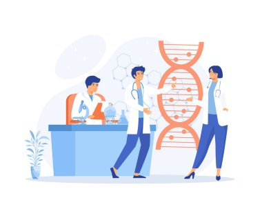 Tıp mikrobiyolojisi konsepti, genetik bilim. DNA molekül laboratuarı araştırması, gen yapısı bilgisi. düz vektör modern illüstrasyon