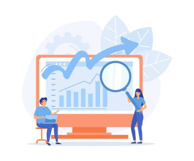 Dijital pazarlama ve tanıtım, iş hedeflerine ulaşmak için grafikleri, grafikleri ve pazarlama stratejilerini analiz eden karakterler. düz vektör modern illüstrasyon