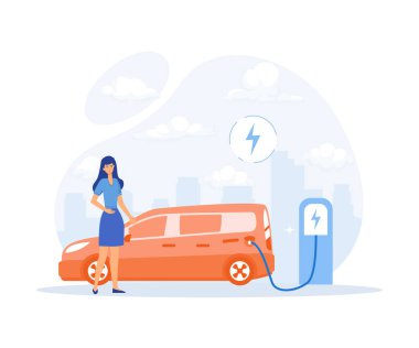 Yeşil enerji, güneş enerjisi panelleri ve akıllı ev teknolojisi olan modern eko özel ev. Şarj istasyonunun yanındaki elektrikli araba, düz vektör modern illüstrasyon.