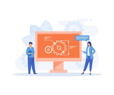 Endüstriyel fabrikada akıllı sanayi, akıllı istihbarat teknolojisi. Sanal gerçeklik kulaklığı takan karakterler mühendislik, düz vektör modern illüstrasyon