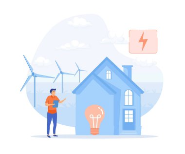 Sürdürülebilirlik, ev ve sanayide enerji verimliliği. Yeşil elektrik, yel değirmenleri ve güneş panellerini kullanan karakterler, yassı vektör modern illüstrasyon