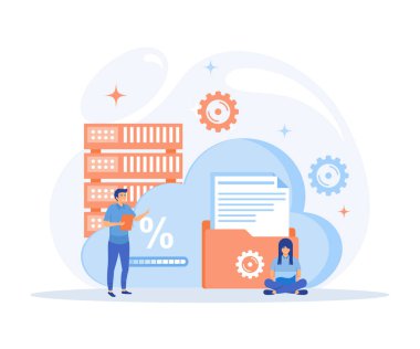 bulut hesaplama kavramı, veri merkezi, dosya yönetimi, bulut depolama, düz vektör modern illüstrasyon