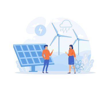 Ekonomik gelecek teknolojisi kullanan insanlar, yenilenebilir enerji kaynakları, rüzgar türbinlerinin yanında duran erkek kadın karakterler, güneş panelleri. düz vektör modern illüstrasyon