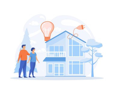 Yeşil enerji, güneş enerjisi panelleri ve akıllı ev teknolojisi olan modern eko özel ev. Şarj istasyonunun yanındaki elektrikli araba, düz vektör modern illüstrasyon.