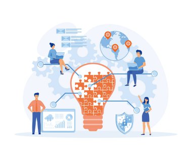 Bir grup insan bir fikir üzerinde düşünüyor. Bir iş projesi hazırla. Kariyerinin başarıya ulaşması. düz vektör modern illüstrasyon