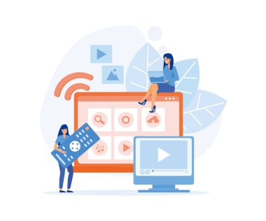 Dizüstü bilgisayarda Menü Akıllı TV, insanlar video, içerik, multimedya kutulu TV 'de uygulamalar izliyor. Modern televizyon teknolojisi. düz vektör modern illüstrasyon