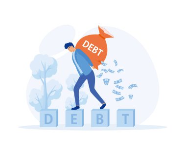 Borç yükü, mali yükümlülük veya kredi ödemesi, ipotek veya borç para sorunu kavramı, büyük borç para çantası taşıyan işadamı, düz vektör modern illüstrasyon