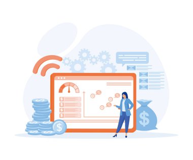 Çevrimiçi hizmet veya platforma maliyet optimizasyonu. Finansal ve pazarlama stratejisi. Maliyet azaltma ve gelir dengesi, düz vektör modern illüstrasyon