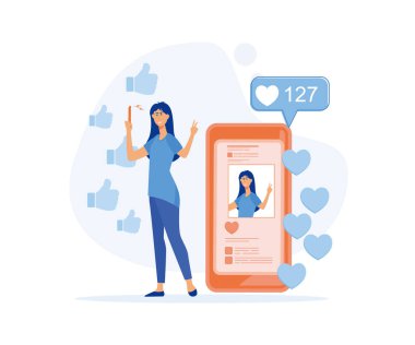 Dijital aşırı yükleme konsepti, ekran bağımlılığı, sosyal medya, oyun bozukluğu, selfie gönderimi, akıl sağlığı problemi. düz vektör modern illüstrasyon