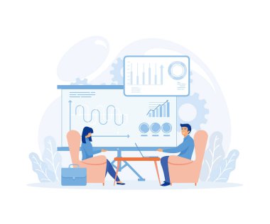 Finansal danışmanlık konsepti. İş arkadaşına iş toplantısında yardım eden iş adamı, düz vektör modern illüstrasyon