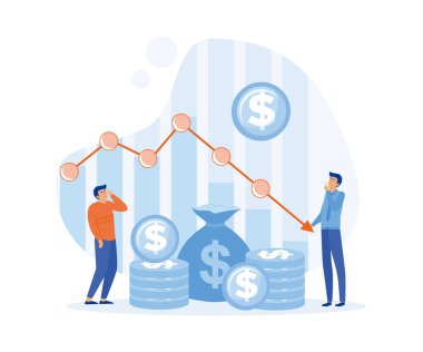 Küçük insanlarla maliyet azaltma illüstrasyon konsepti. Satışlar düşüyor, ekonomik kriz, finansal düşüş. düz vektör modern illüstrasyon
