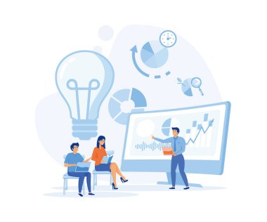 Ofis çalışanları için çevrimiçi eğitim konferansı. Masada dizüstü bilgisayarla oturan meslektaşlar Koç 'tan bilgi alır. düz vektör modern illüstrasyon